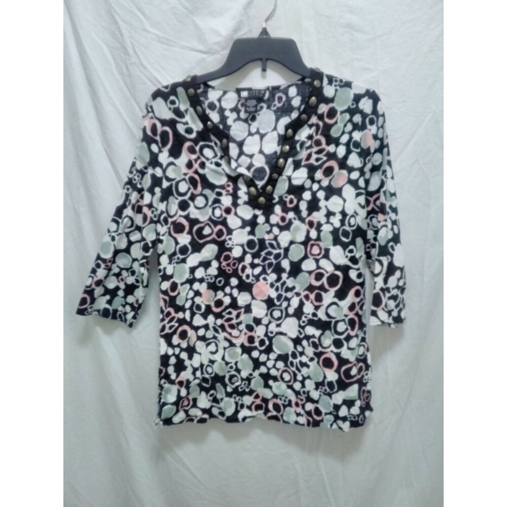 Carole Little Black White Green Pink Geometric V-Neck Beaded Embellished Top L